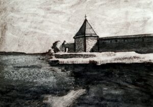 Старинный монастырь, 21*29, соус, графика, 2023