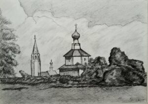 Старинная православная церковь, 21*29, графика, 2023